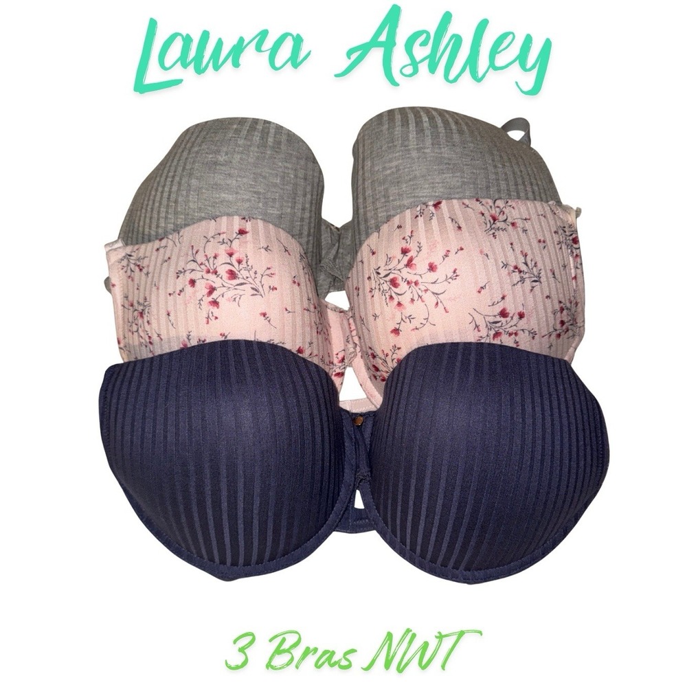 NWT Laura Ashley 3 Pack Bras Size 42D Ribbed Floral Navy Gray Pink